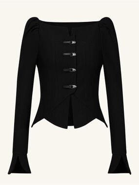 JW PEI Black Sculpted Waist Long-Sleeve Blazer with Decorative Clasps
